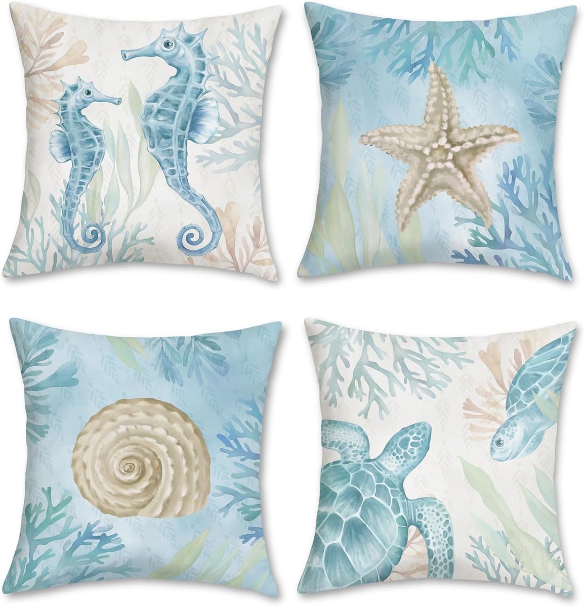 SnelShoppen - Ocean Beach Kussenhoezen 45x45cm Set van 4 - Zeedier Design met Zeepaardje, 
