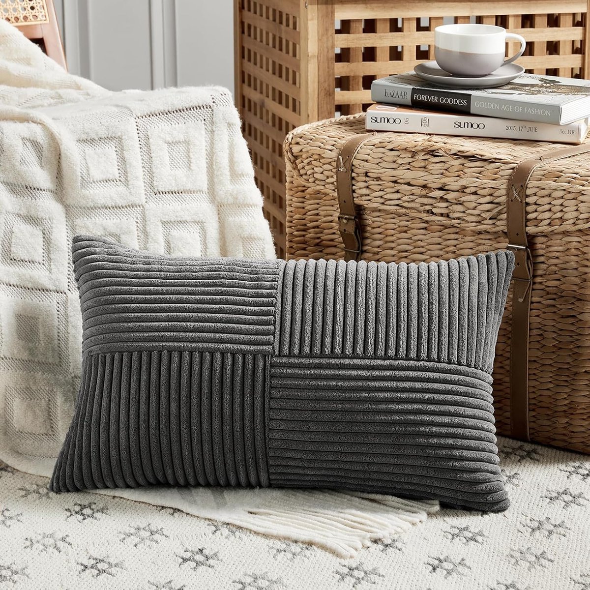 SnelShoppen - Decoratieve Kussenslopen Donkergrijs 40 x 60 cm, Corduroy Modern Zacht Kruispatroon, Kussenslopen met Verborgen Rits voor Bank en Slaapk