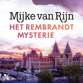 Boekcover Mijke van Rijn, Het Rembrandt Mysterie, met Rijksmuseum bij zonsondergang.