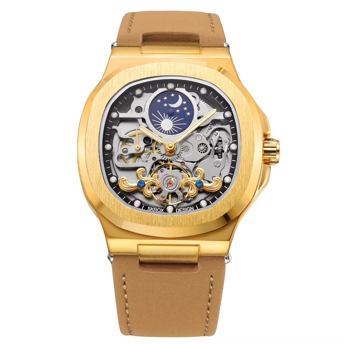 Soraro Automatische Horloge Goudkleurig | Waterafstotend | 42mm | Cadeau Giftbox | Leer | Rubber | Bruine Band | Automatic Horloges | Automatisch Watchwinder | Stalen Band | Herenhorloge
