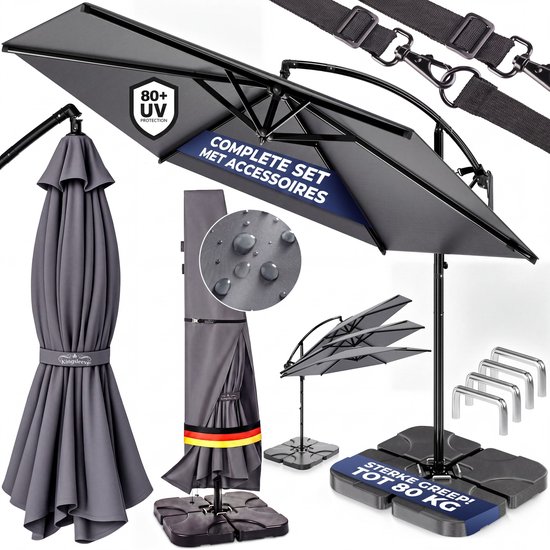 Grijze parasol met hoezen, accessoires en stabiele parasolvoet van 80 kg. Complete set.