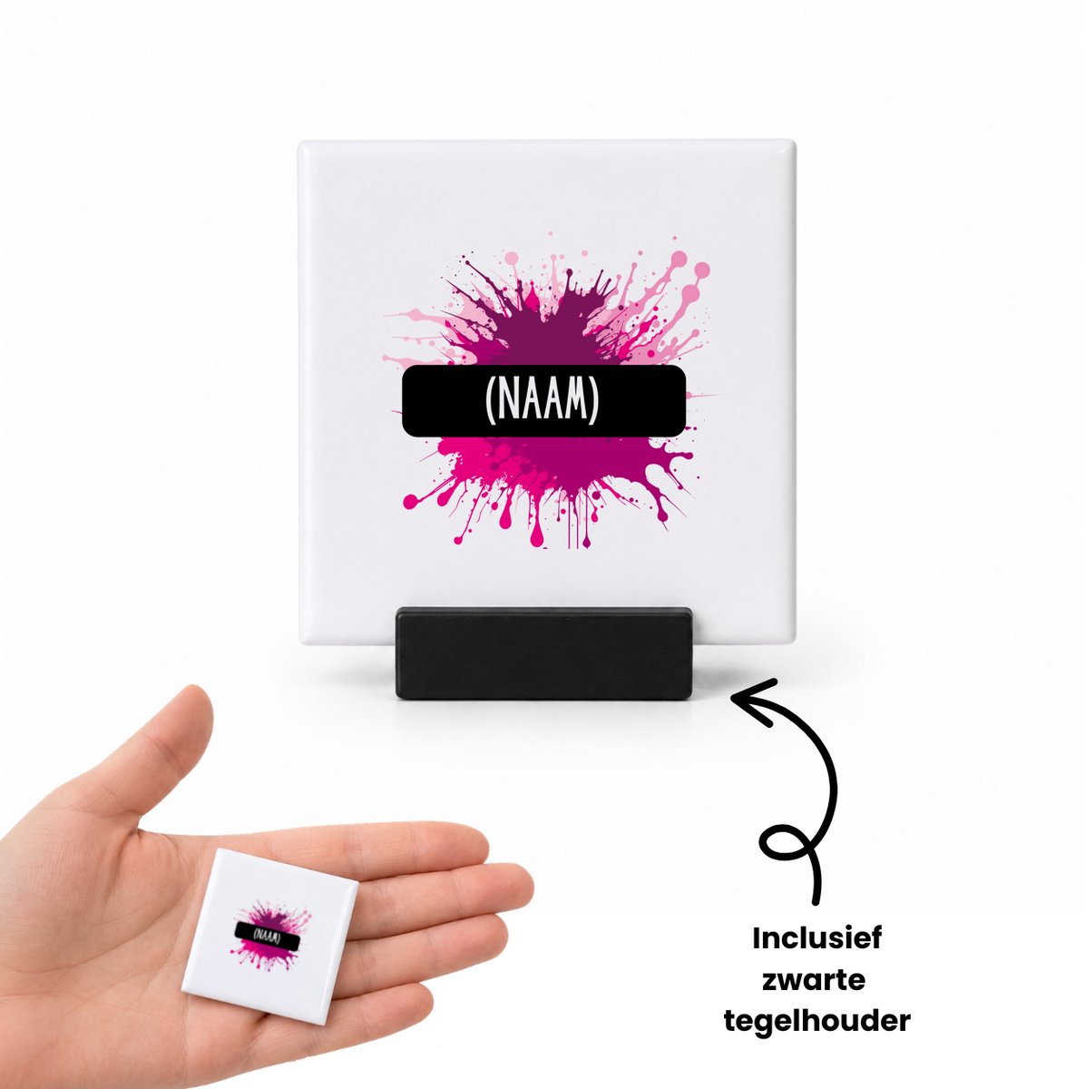 Hacebo Verfvlek roze/paars met je eigen naam tegeltje met tegelhouder - iemand die houdt van schilderen of kunst - tegeltjes met tekst - kunstenaars - kunst liefhebbers - schilders - cadeau - verjaardagscadeau - kado - spreuktegels - 4.8x4.8 CM Wit