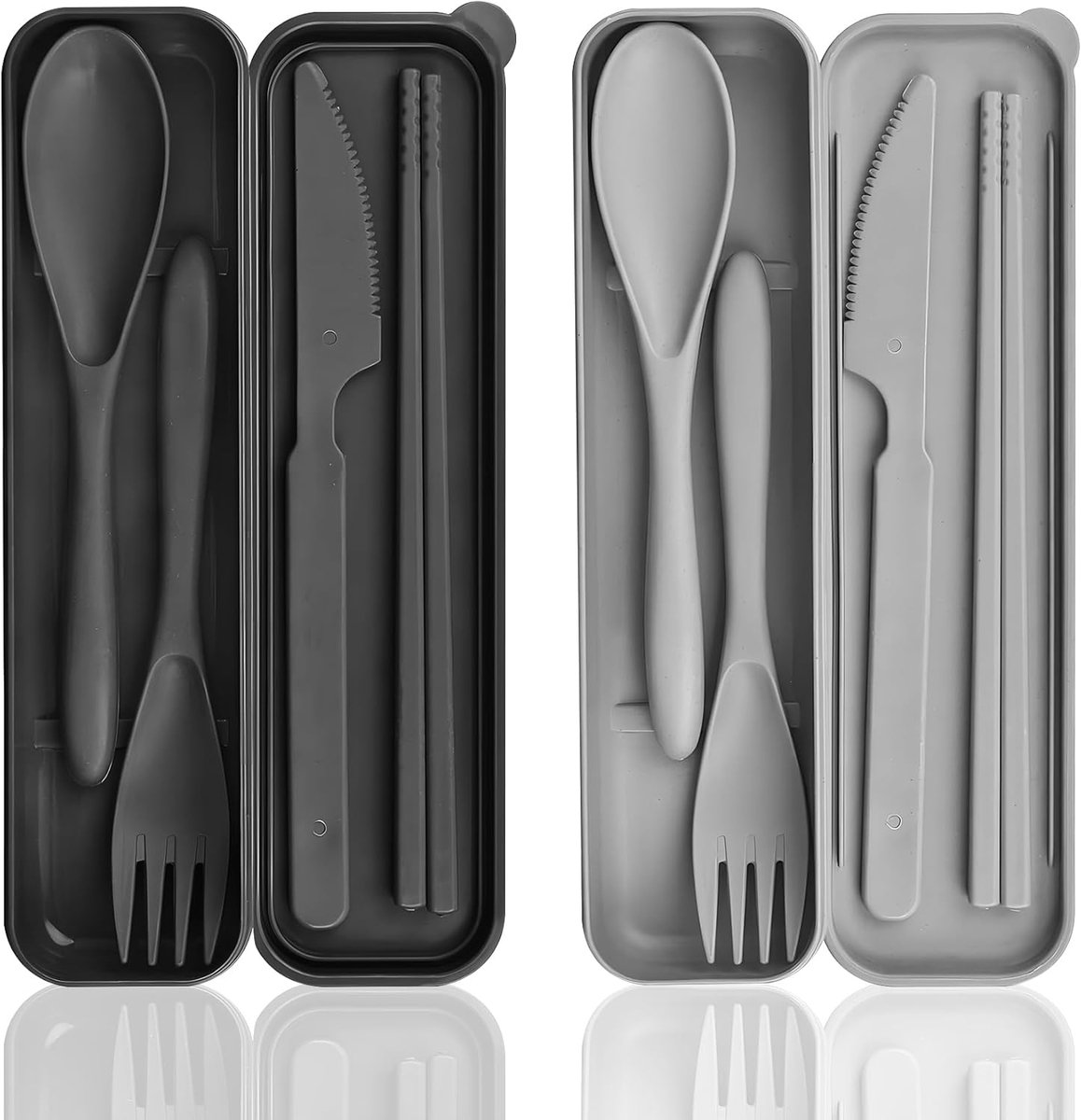 Thijox - Bestekset Campingbestek 2 Stuks met Koffer, Kunststof Reisbestek, Lepel, Mes, Vork, Eetstokjes, Etui, Draagbare Herbruikbare Set voor Picknic