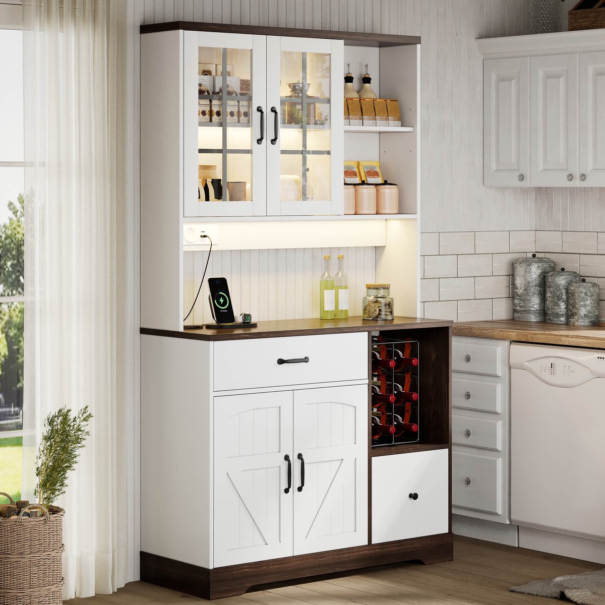 Wishdor - Buffetkast - met LED-verlichting en stopcontacten - met lades en verstelbare planken - vintage landelijke stijl - keuken of eetkamer - houtlook - naturel wit - 105 x 40 x 185 cm
