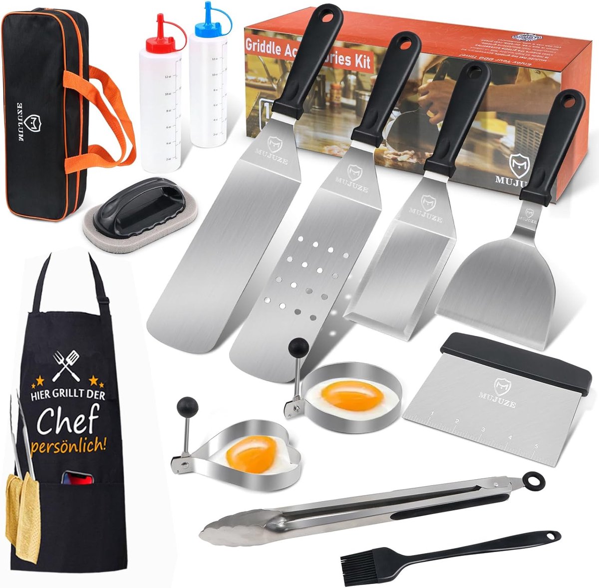 SnelShoppen - Grill Spatula Set RVS BBQ Accessoires - 2 Oversized Spatula's, Hamburger Spatula, Scraper, Grill Schort, Eierreリング, Camping en Tuin Gebr