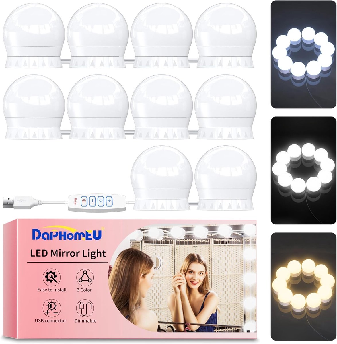 SnelShoppen - Dimmable LED Spiegel Lamp met 3 Kleuren, Makeup Tafel Lamp voor Cosmetische Spiegels, Badkamerverlichting, Verstelbare Helderheid, Holly