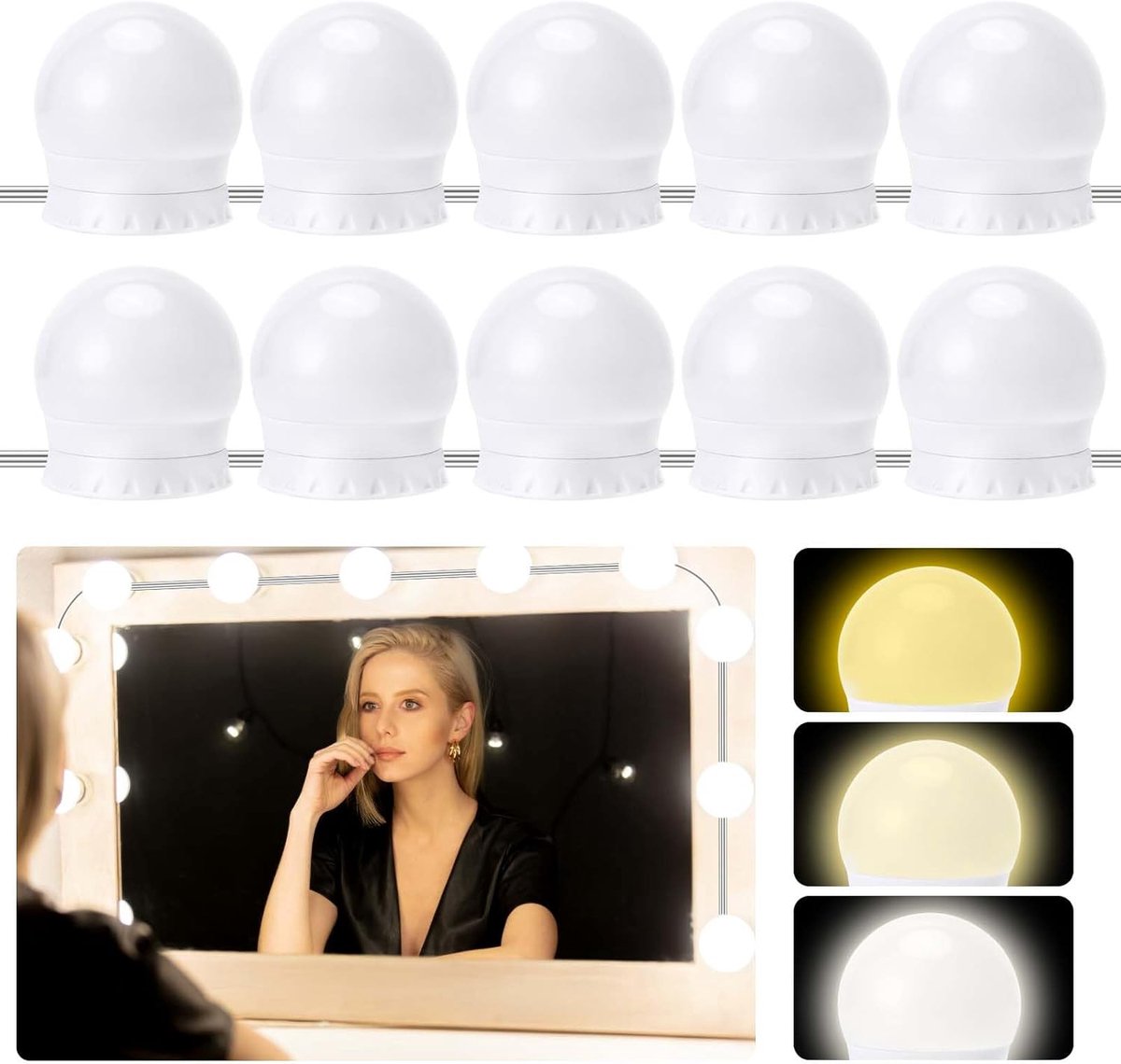 SnelShoppen - Dimmable Hollywood Makeup Lamp met 10 LED Lampen, 3 Kleuren, Verstelbare Verlichting voor Vanity Mirror en Badkamer, Perfect voor Make-u