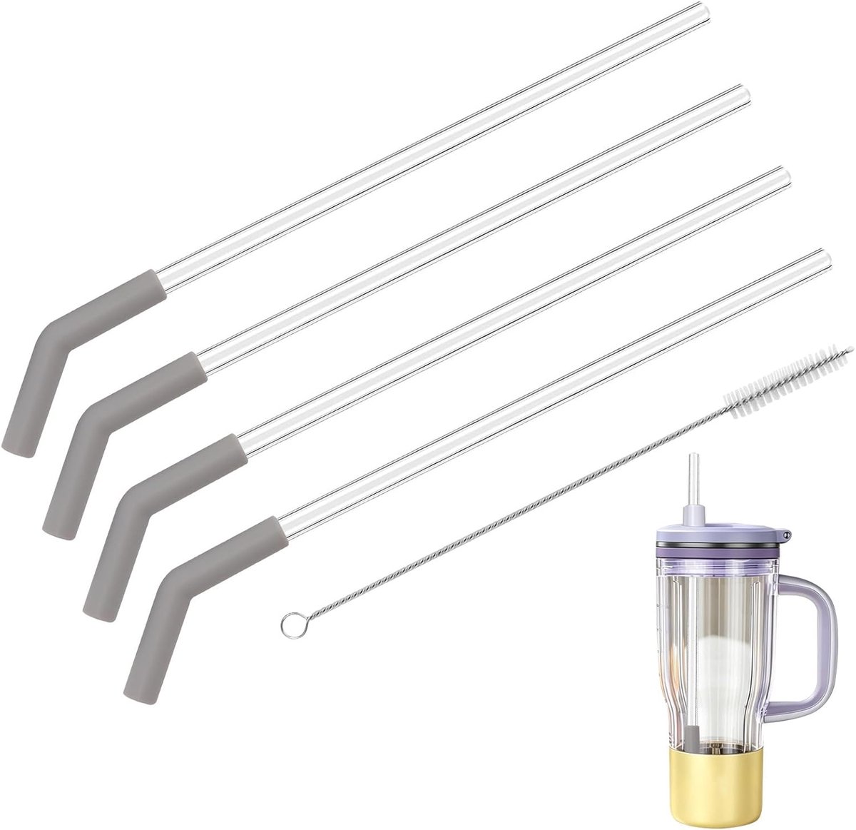 SnelShoppen - Set van 4 herbruikbare Tritan rietjes 10 mm met siliconen rietjesdoppen en reinigingsborstel voor smoothies en yoghurtdranken, ideaal vo