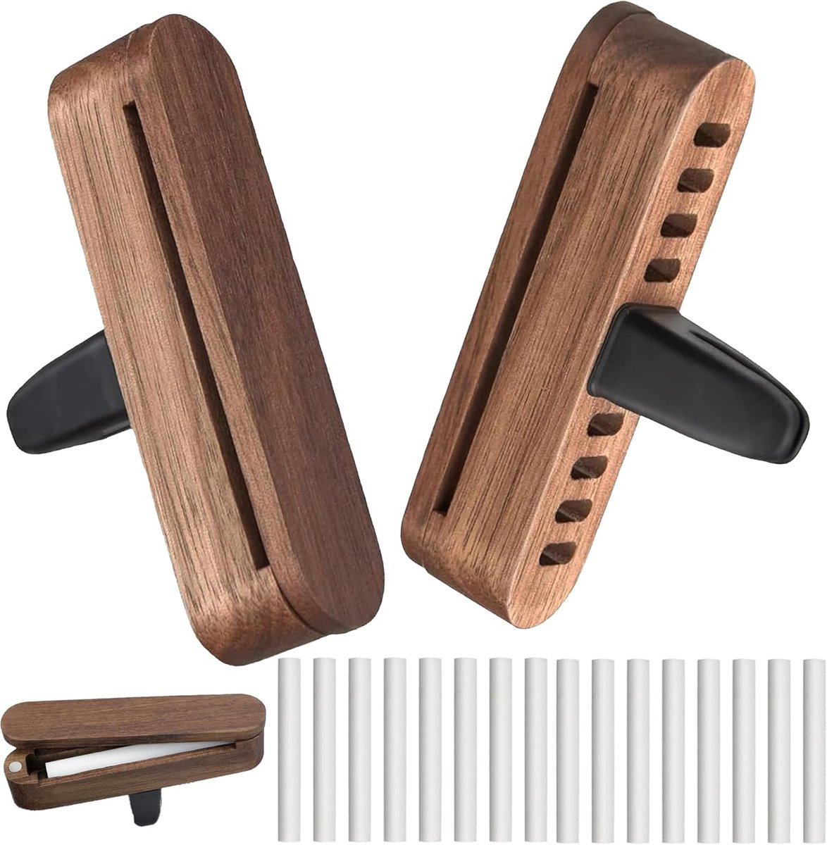 SnelShoppen - 2 Stuks Houten Autodiffuser met 16 Navullingen voor Essentiële Olie - Luxe Geurverspreider voor Auto Interieur - Elegant Hout Design en