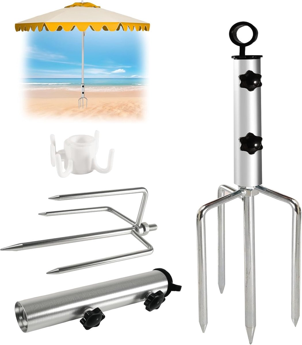 SnelShoppen - Parasolstandaard met Grondspikes, Verstelbare Umbrella Stand van Gegalvaniseerd Staal met 4 Steunen voor Tuin, Strand en Vissen