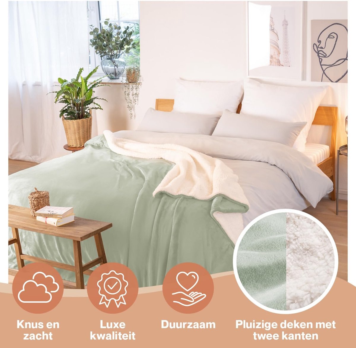 SnelShoppen - Fluffy Sherpa Dekbed - Hoogwaardige Fleece Deken, Super Zacht en Warm, 220 x 240 cm, Zomer Groen, Perfect als Bankbedekking, Bedsprei of