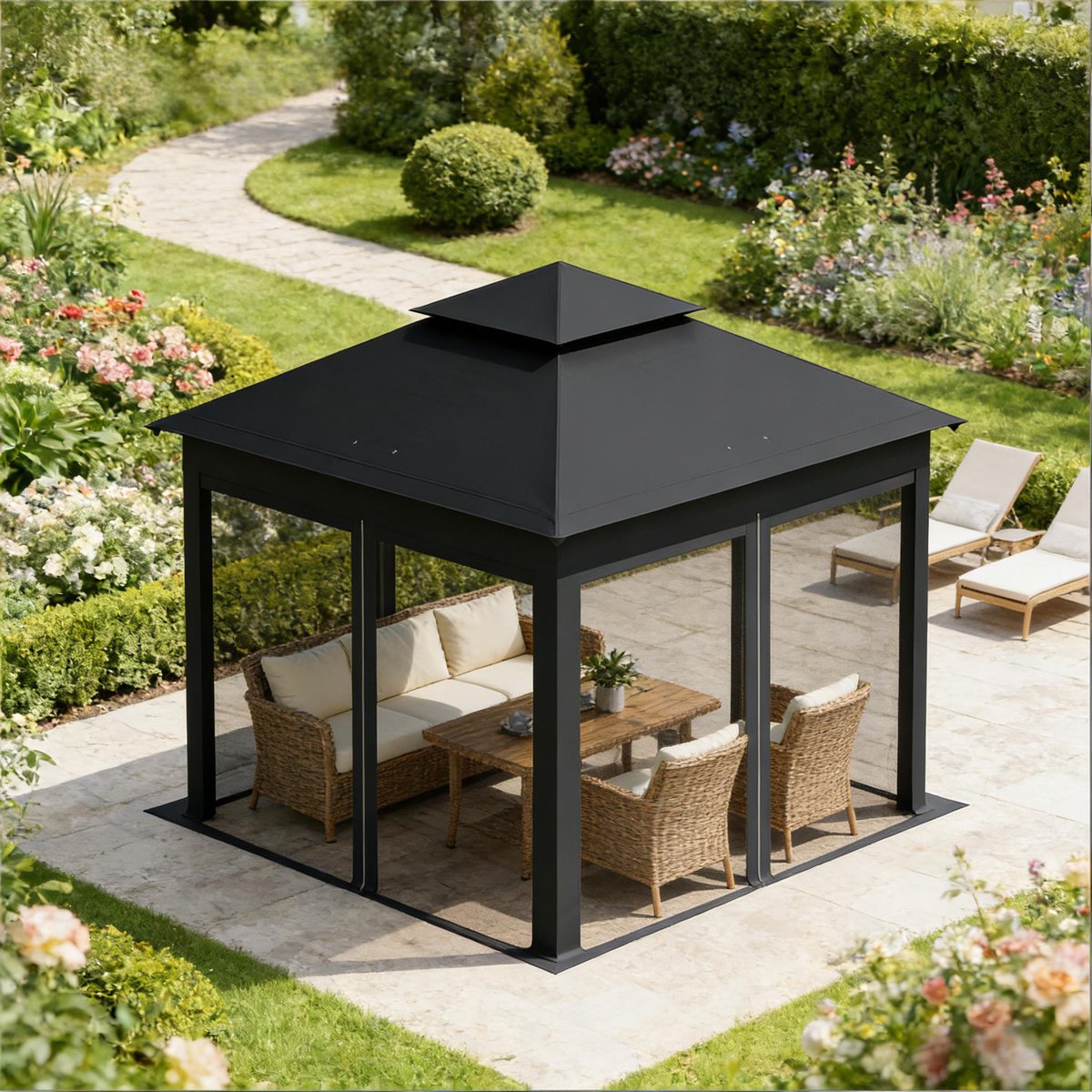 MIVRAY Partytent - 3 x 3 m Klapbaar Paviljoen Met Verstelbare Hoogte - Oxford Stof En IJzer - Antraciet - Voor Tuin En Camping - Met Muggengaas