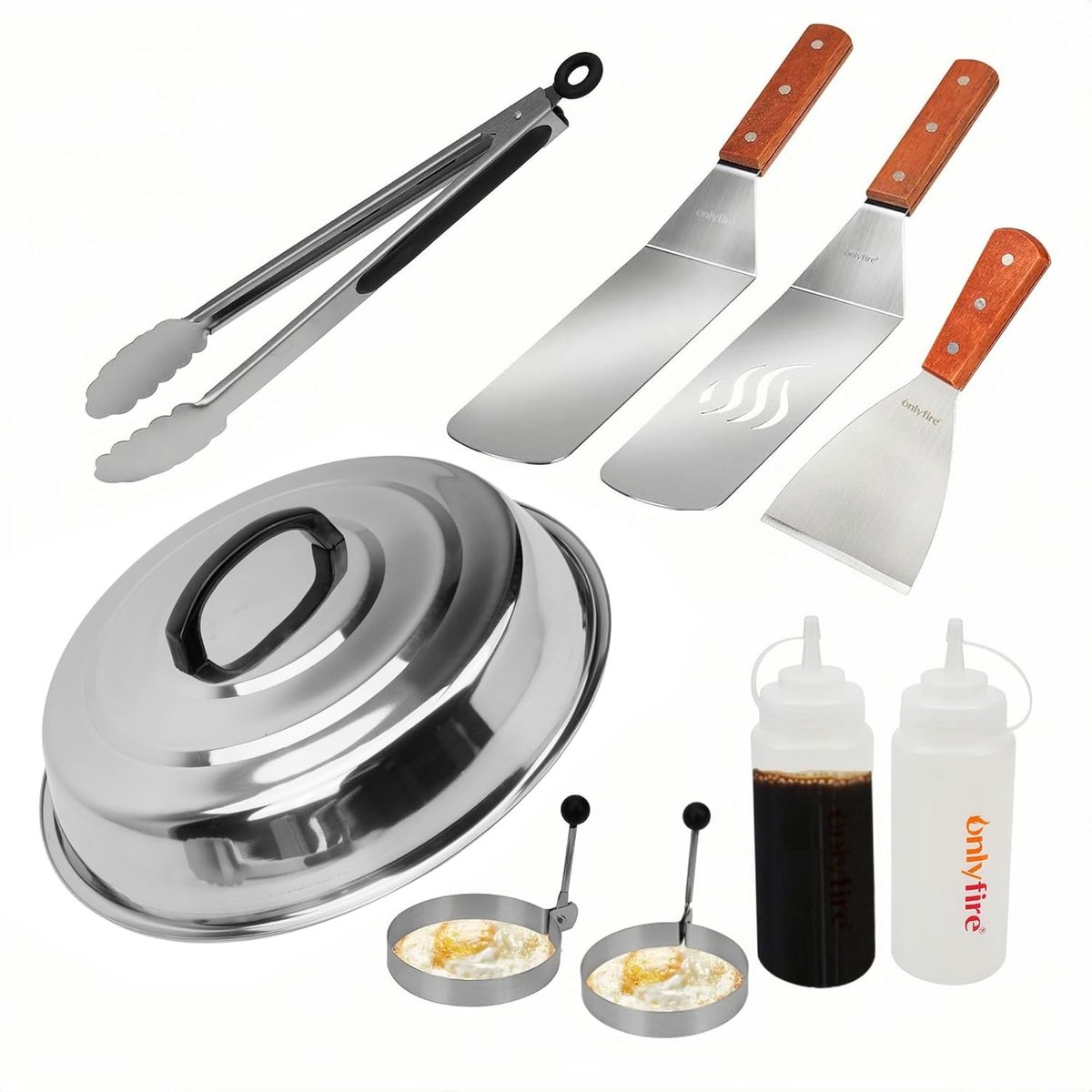 SnelShoppen - Teppanyaki Grill Accessoire Set 9-delig RVS Spatelset met Smeltdeksel, Tangen, Ei-vormen voor BBQ, Buiten koken, Camping, Tuin