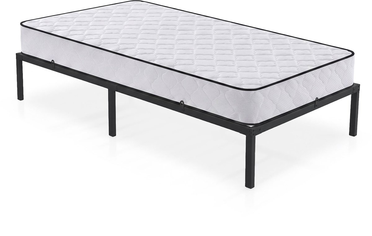 Metalen Bed / met Matras / 100x200 cm / Opklapbaar Logeerbed / Metalen Lattenbodem / 6 Poten / 10 Latten/ Zwart