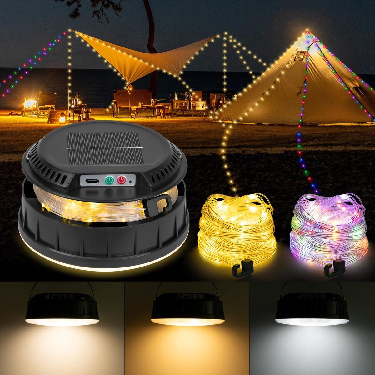 SnelShoppen - Camping Fairy Lights 10m 140 LED Solar Oplaadbaar Type-C 13 Verlichtingsstanden 4400 mAh Accu voor Feest Camping Tuin Decoratie Zwart