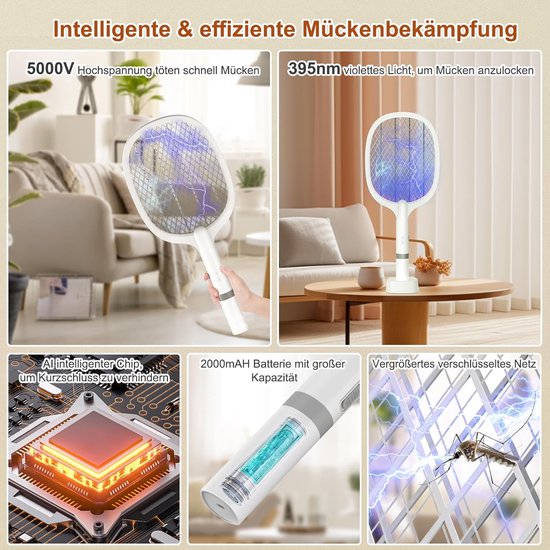 Witte vliegenmepper met paars UV-licht, hand die apparaat vasthoudt. Details van chip, batterij en vergroot net met mug.