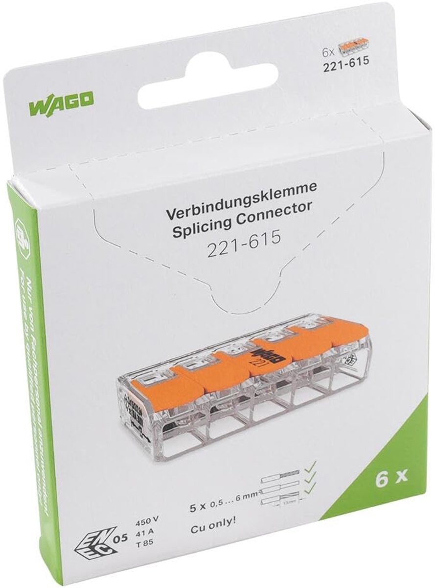 SnelShoppen - WAGO Aansluitklemmen 221-615 | 5-polige compacte kabelconnector tot 6 mm² met hefboom voor alle soorten draden wereldwijd, veilig in geb
