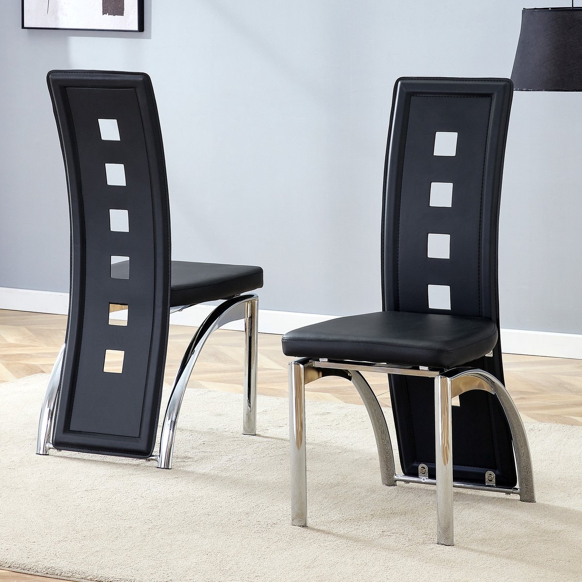 COVREO Eetkamerstoel set van 2 102,5 cm - zwart kunstleer, zilverkleurig metalen onderstel