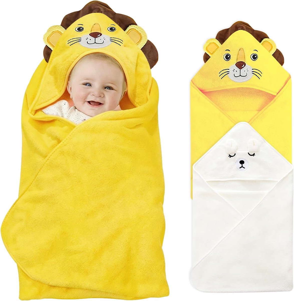 SnelShoppen - 2 stuks babyhanddoeken met capuchon 80x80 cm, schattige dieren motieven, witte beer en gele leeuw, uniseks, superzacht en absorberend ba