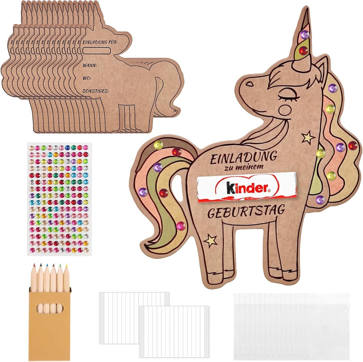 SnelShoppen - 15 Stuks Unicorn Verjaardagsuitnodigingen Kaarten Set met Krijtjes en Stickers - Creatieve Uitnodigingen voor Kinderfeestje - Kraft Papi