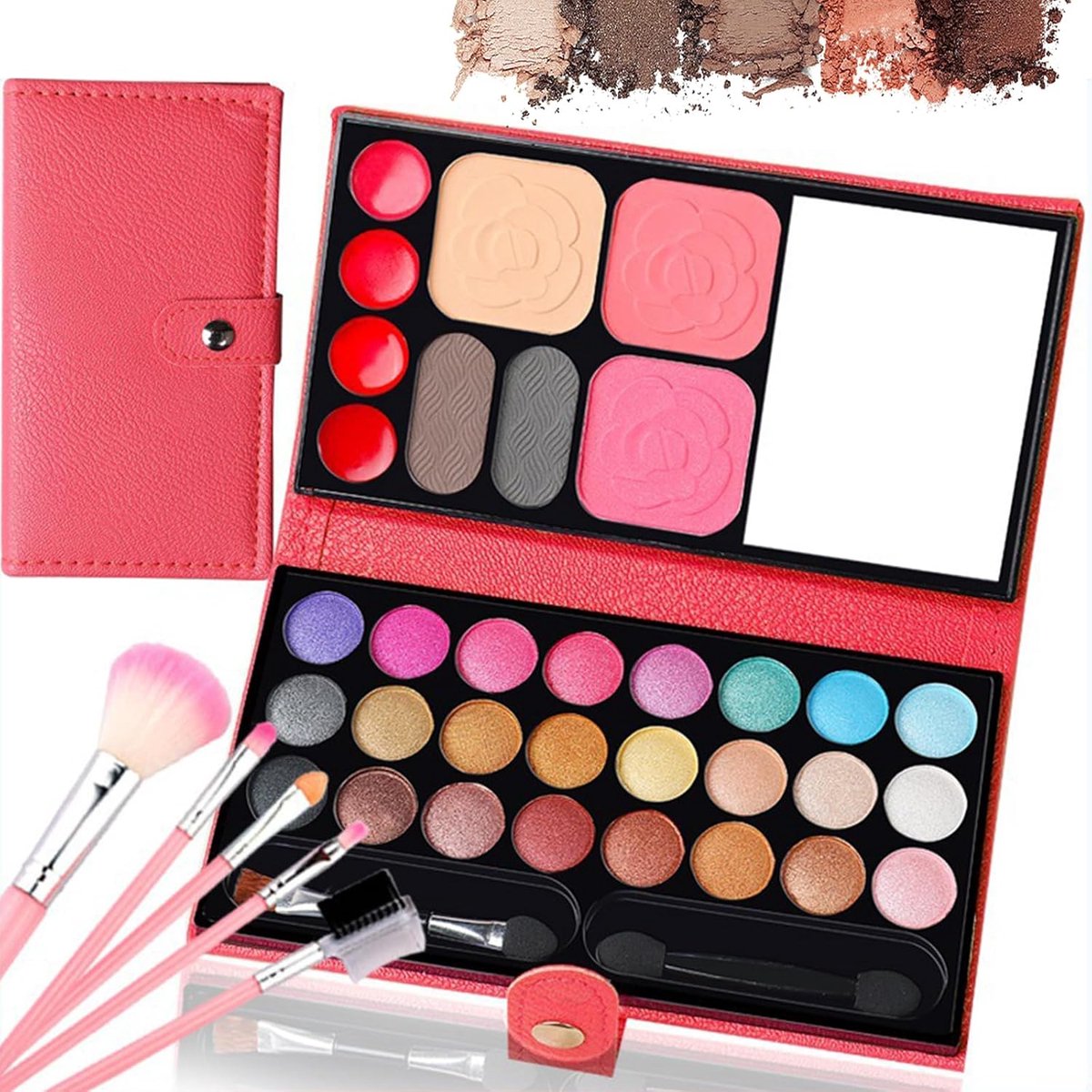 SnelShoppen - Meisjes Makeup Set 33 Kleuren, Kinderen Make-up Speelgoed, Draagbare Makeup Tas met 5 Wasbare Kwasten voor Verjaardagsfeesten en Theater
