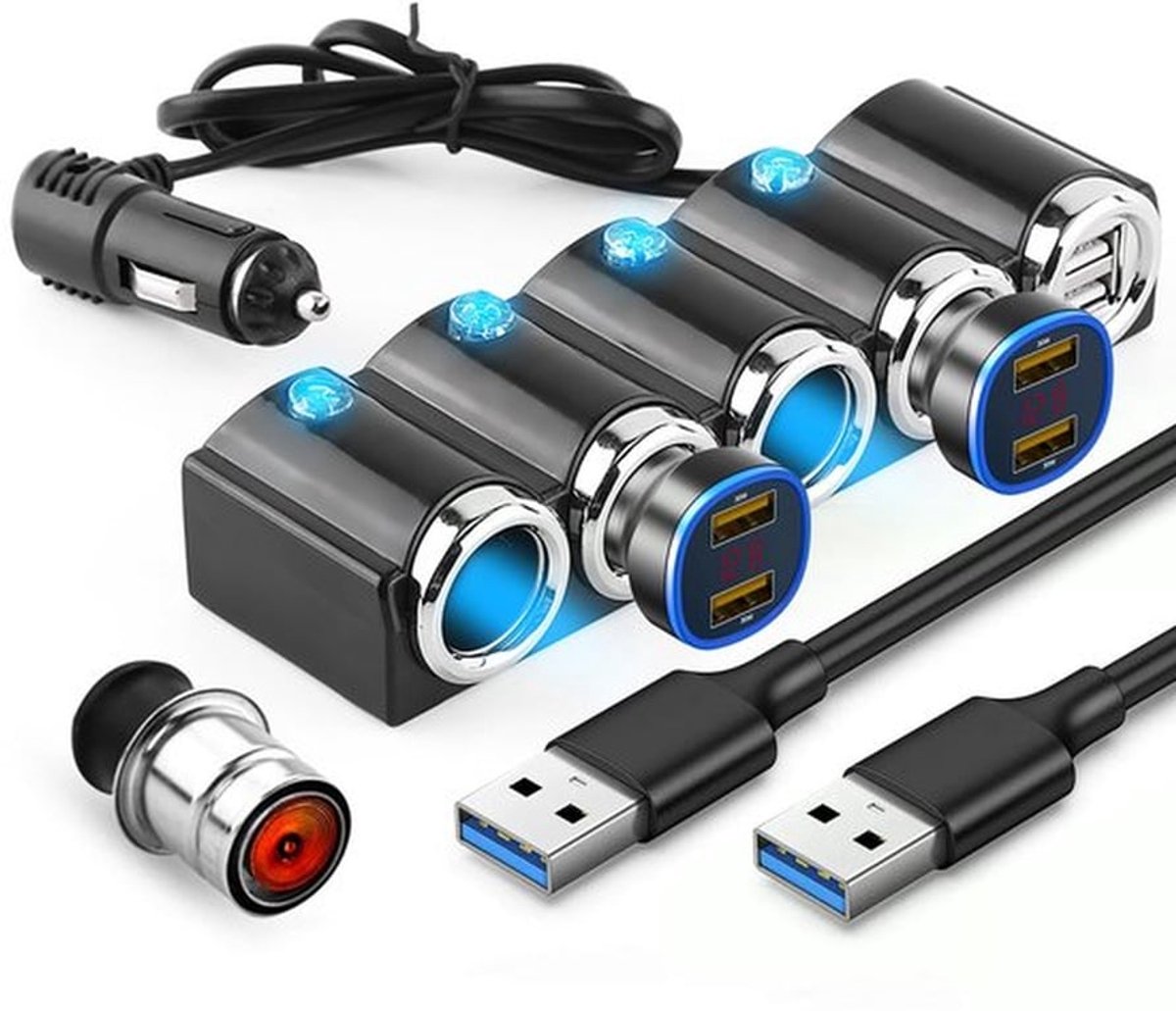 4-Weg Auto Oplader Sigarettenaansteker Splitter Voedingsadapter Met Meerdere Stopcontacten Dubbele USB 12V-24V Plug Oplader