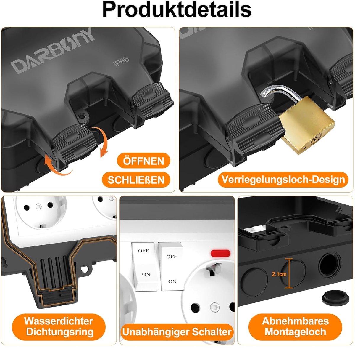 Thijox - Buitenstopcontact waterdicht IP66 met 3 m kabel en schakelaar, dubbel stopcontact met klapdeksel voor tuin, camping, vochtige ruimtes, weerbe