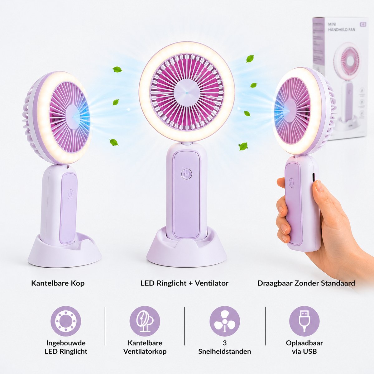 Litalife Handventilator - Opvouwbaar - paars - USB-C Oplaadbaar - Paars met Rondom Lampje