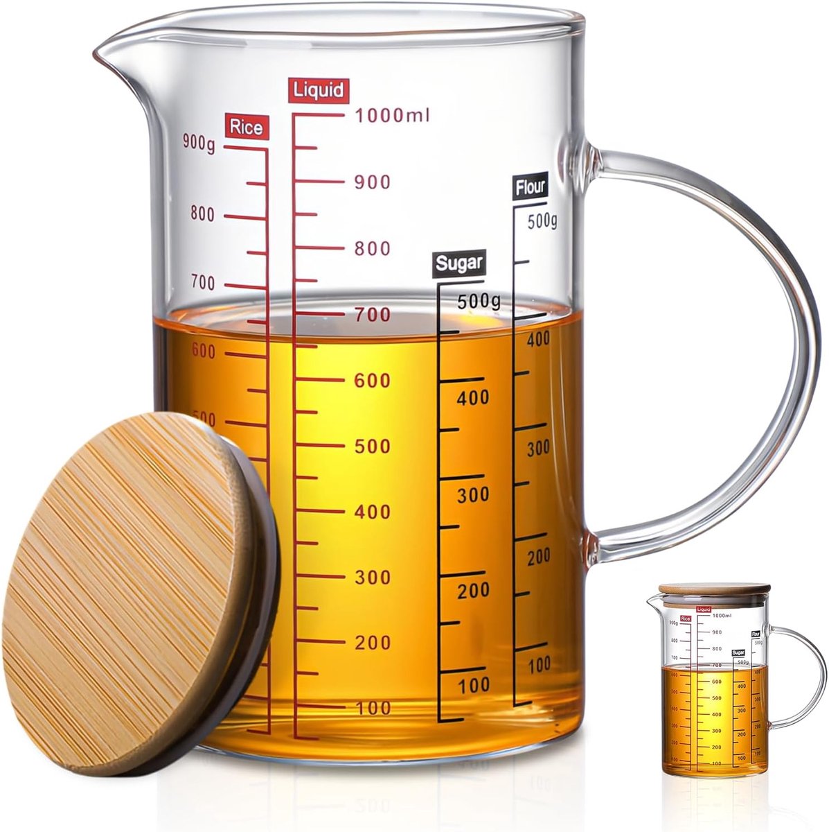 SnelShoppen - 1L Maatbeker van Glas met Handvat en Deksel, Borosilicaat Glas, Warmtebestendig, Maatbeker voor Melk en Sap, Keukenaccessoire voor Koken