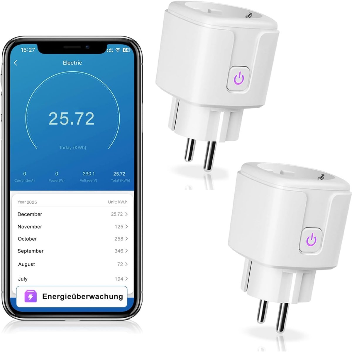 SnelShoppen - Slimme WLAN Stopcontact met Energieteller, Compatibel met Alexa/Google Assistant, Voice Control, Timer Functie, 2 Stuks voor Thuisgebrui