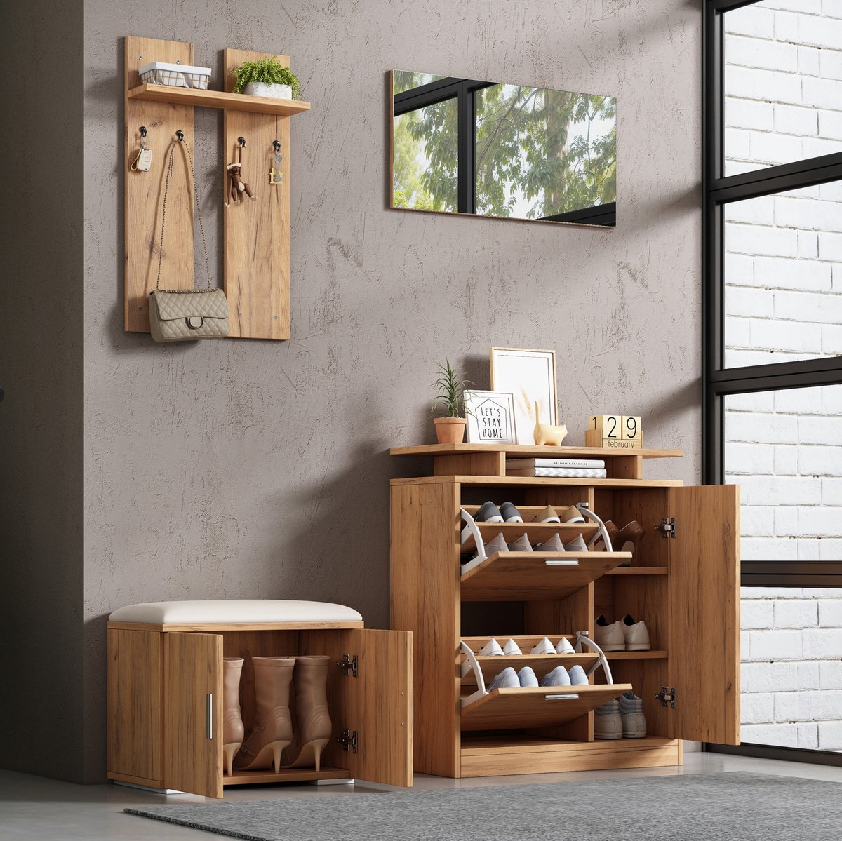 Wishdor - Schoenenkast - Halmeubel met spiegel en zitbank - 5 deuren en 4 haken - Modern - Voor entree en gang - Houtlook - Naturel - 140 x 35 x 133 cm