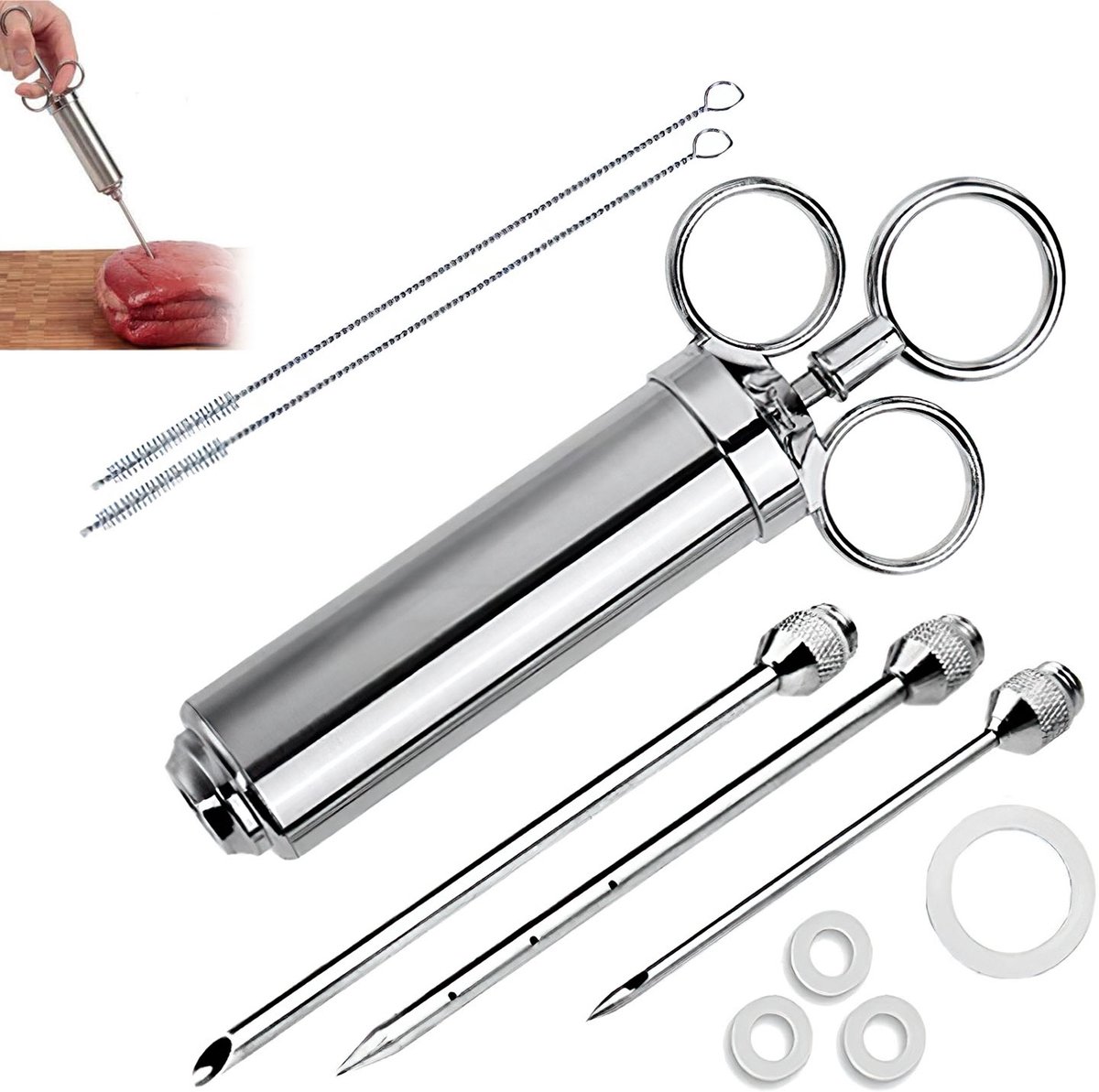 Marinade-injector van 304 RVS - 60 ml vleesspuit met 3 naalden en 2 reinigingsborstels - voor vlees, gevogelte, vis en barbecue - met 3 afdichtringen