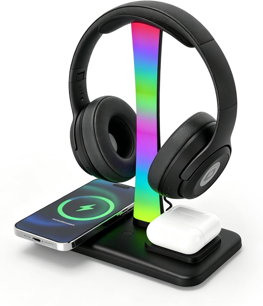 SnelShoppen - 3-in-1 RGB Gaming Hoofdtelefoonstandaard met Draadloze Oplader, USB & Type-C Aansluitingen, 10 Verlichtingseffecten, Robuust ABS, Zwart,