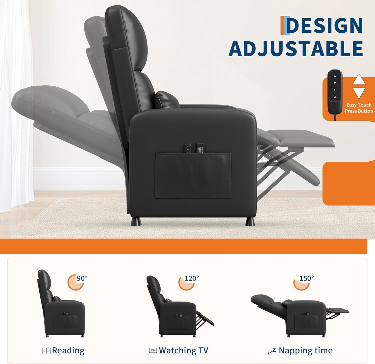 Elektrische Relaxstoel met Massage en Verwarming - Verstelbare TV-fauteuil (90°-150°) - PU-Leer - Geheugenfunctie - Zwart - Max. 136 kg – foto 7