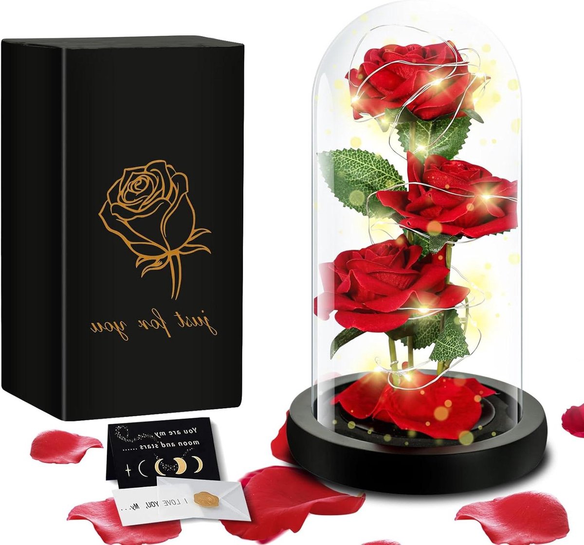 Roos in Glas - Eeuwige Bloemen - Cadeau Geven - Met LED Verlichting - 20 cm Hoog - Rood
