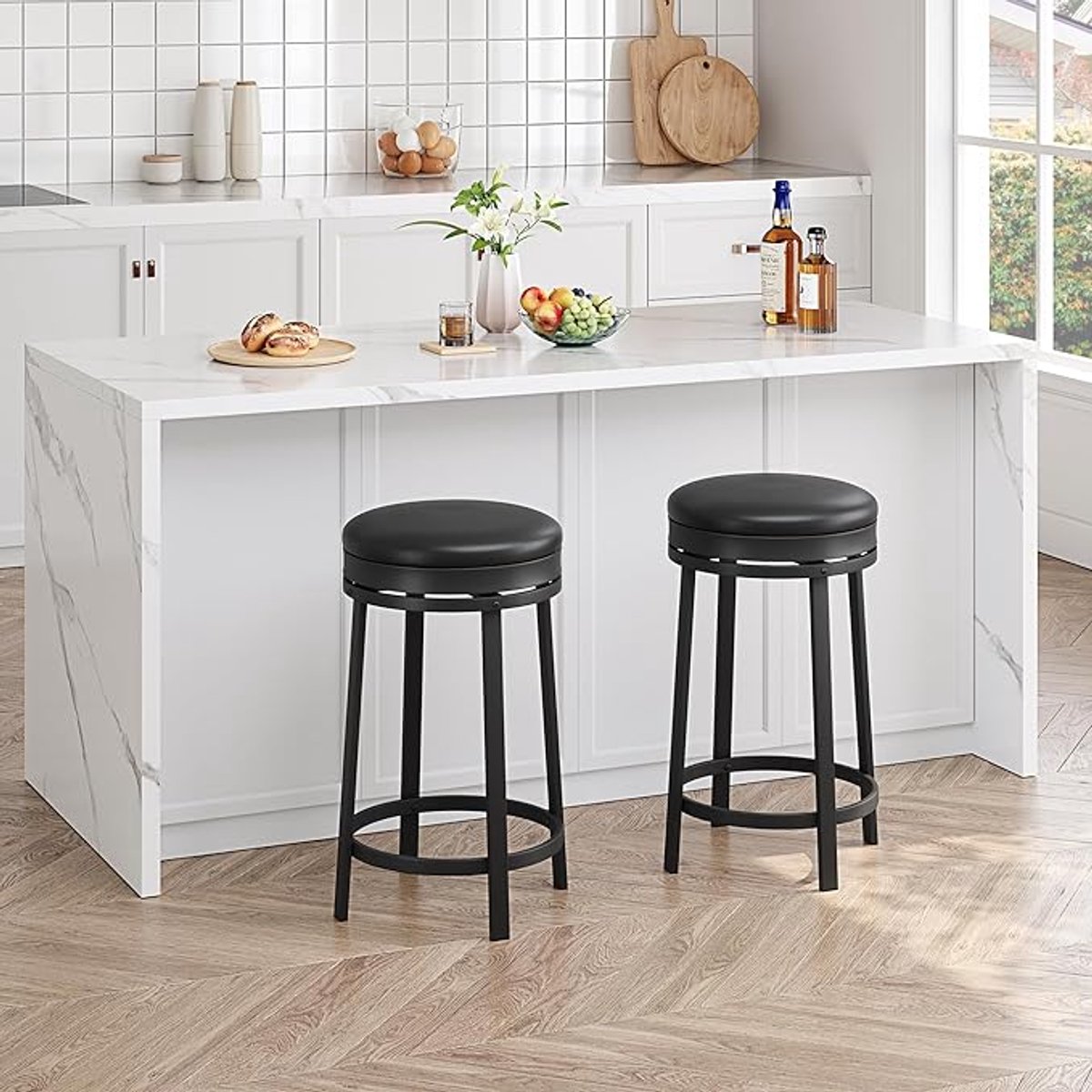 Set van 4 draaibare barkrukken, 62 cm hoge barkrukken met PU-lederen bekleding, ronde barkrukken zonder rugleuning met metalen frame voor keuken en eetkamer.