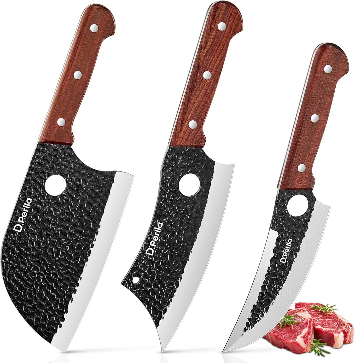 SnelShoppen - 3-delige Chef Messenset - Hakmessen voor Vlees, Slagersmes, Vikingmes met Houten Handvat - Keukenmessenset voor Barbecue, Kamperen en Bu