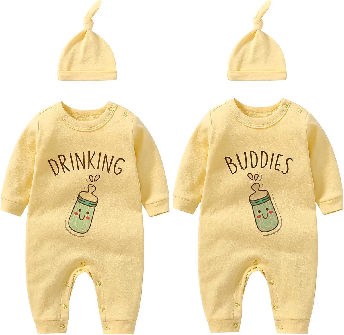 SnelShoppen - Baby Twins Rompertjes Set - Grappige Baby Outfit - Twin Drink Buddies Romper met Hoed - 100% Katoen - Korte Mouwen - Perfect voor Verjaa