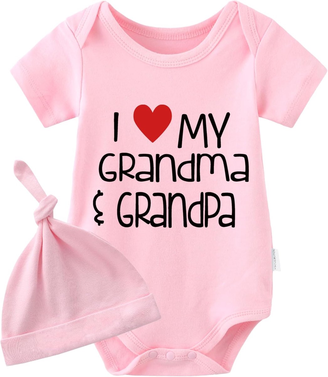 SnelShoppen - Baby Tweelingen Rompertje I Love My Grandma Grandpa Korte Mouw Katoenen Babybody voor Jongens Meisjes Cadeau voor Geboorte met Hoed