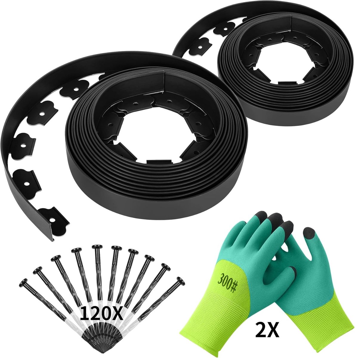 SnelShoppen - Flexibele Tuinranden van Kunststof, 20 m x 5 cm, 120 Grondankers en 2 Paar Tuinhandschoenen, Zwarte Gazonrand en Bloembedrand voor Tuin