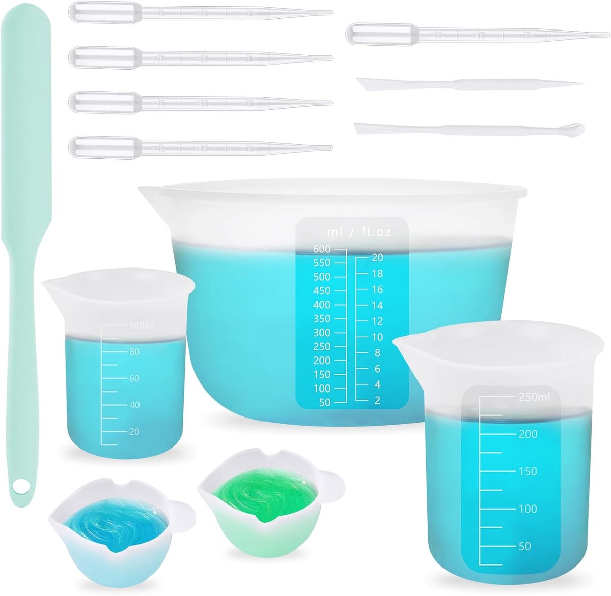 SnelShoppen - 5 Stuks Siliconen Maatbekerset 100ml 250ml 600ml Antiaanbak Epoxyhars Mengbekers met Pipetten en Roerstok voor DIY Knutselen Sieraden Ma