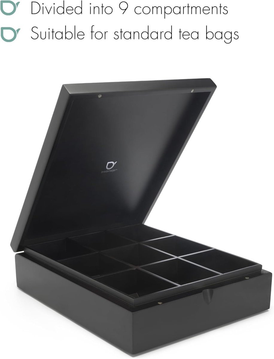 SnelShoppen - Theedoos 9-vaks gesloten - Bamboe - Zwart - Stijlvolle theebox voor het bewaren van losse thee, perfect voor keuken, cadeau, en thee lie — cadeau in Wonen & Interieur - foto 2