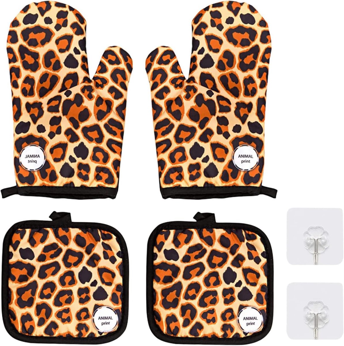 Thijox - Bakhandschoenen Grappige Dubbele Dikke Katoenen Ovenwanten met Luipaard Patroon - 4 Stuks - Comfortabele en Flexibele Keukenaccessoires voor
