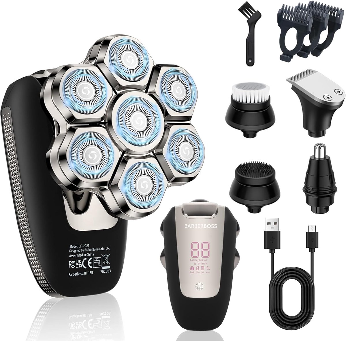 SnelShoppen - 7D Kale Hoofd Scheerapparaat voor Mannen - Magnetisch Roterend Scheerapparaat, 5-in-1 Groomer met LED-display, USB-C Opladen, Baard & Ne