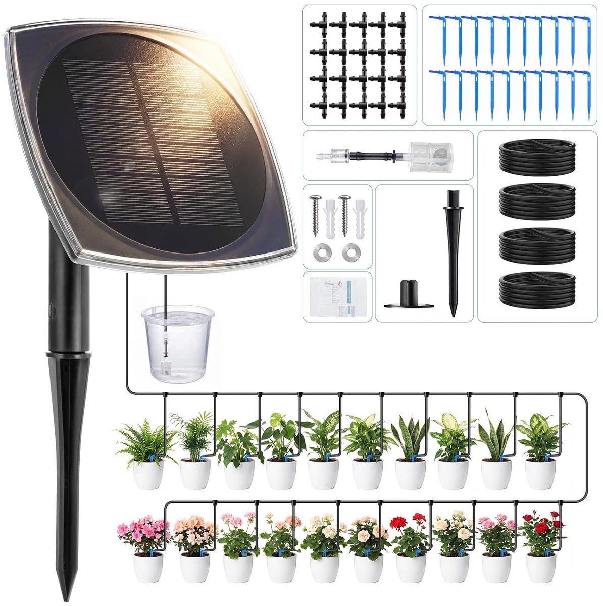 SnelShoppen - Bewateringssysteem op Zonne-energie voor 20 Potplanten - Automatisch Irrigatiesysteem met 12 Timermodi en 20m Druppelslang voor Tuin, Ba