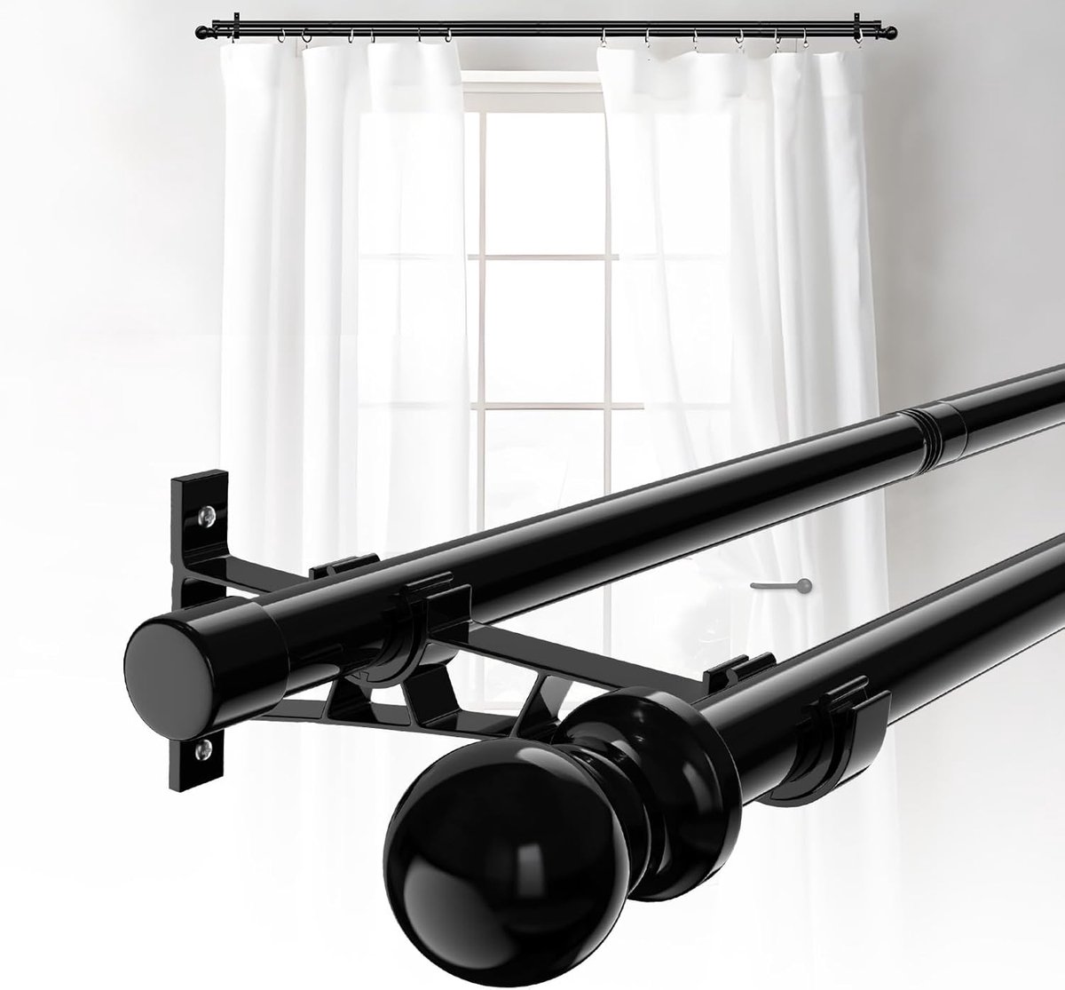 SnelShoppen - Double Curtain Rod 78-114cm - Zwarte metalen dubbele gordijnroede met steunen, 1" diameter, stevig en duurzaam, voor slaapkamer, woonkam