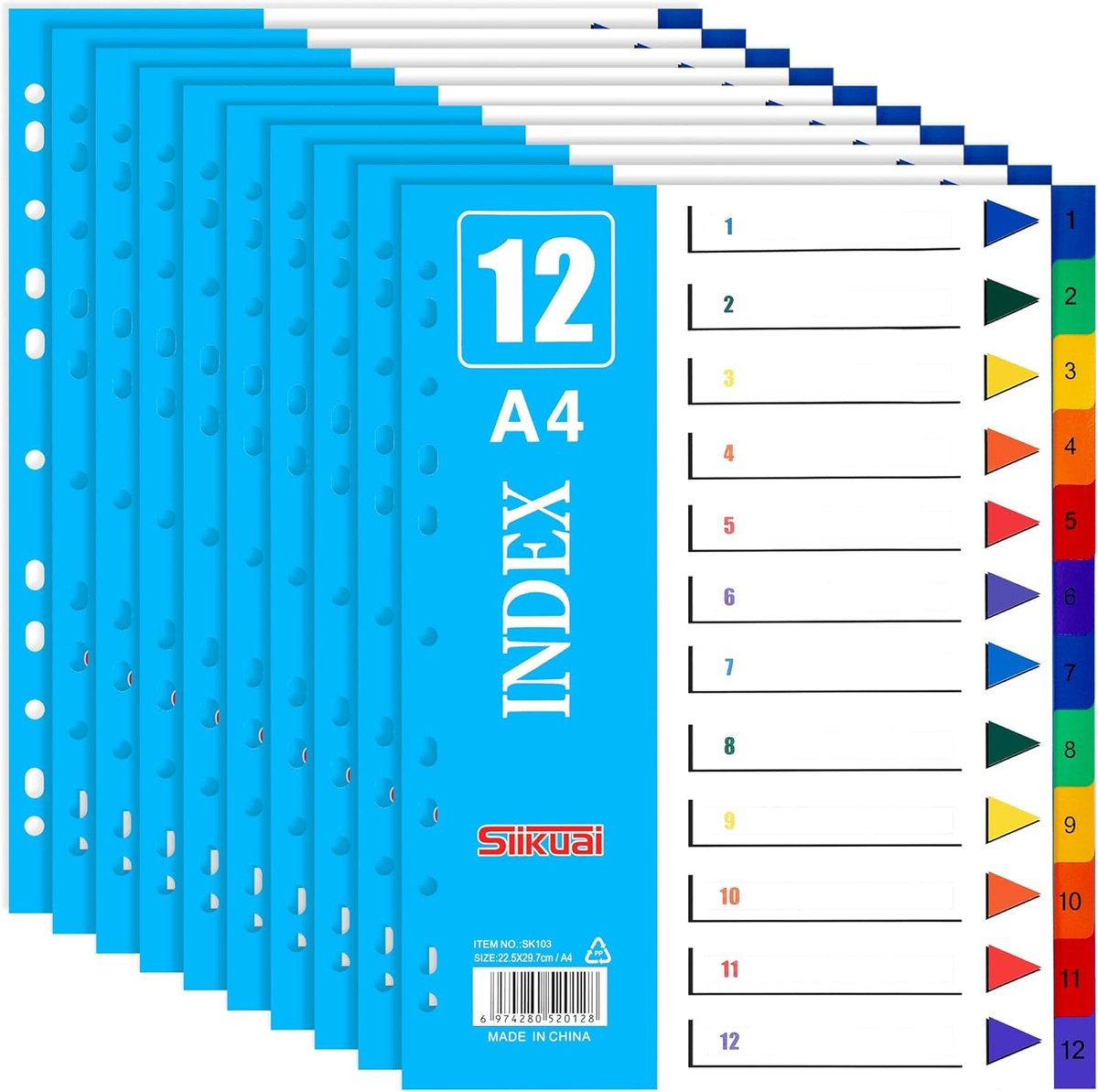 SnelShoppen - A4 Index Tabs 12 Stuks - Multicolor Plastic Divider Bladen voor Ringmappen - Waterdicht en Duurzaam - Perfect voor Archiveren en Organis