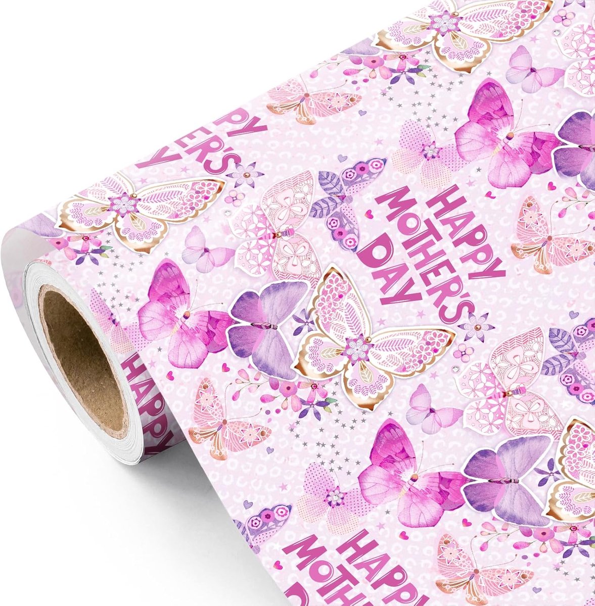 SnelShoppen - Moederdag Inpakpapier Rol - Mini Rol 43,2 cm x 5 m - Elegante Vlinders in Roze en Paars - Perfect voor Moederdag en Verjaardag Cadeaus