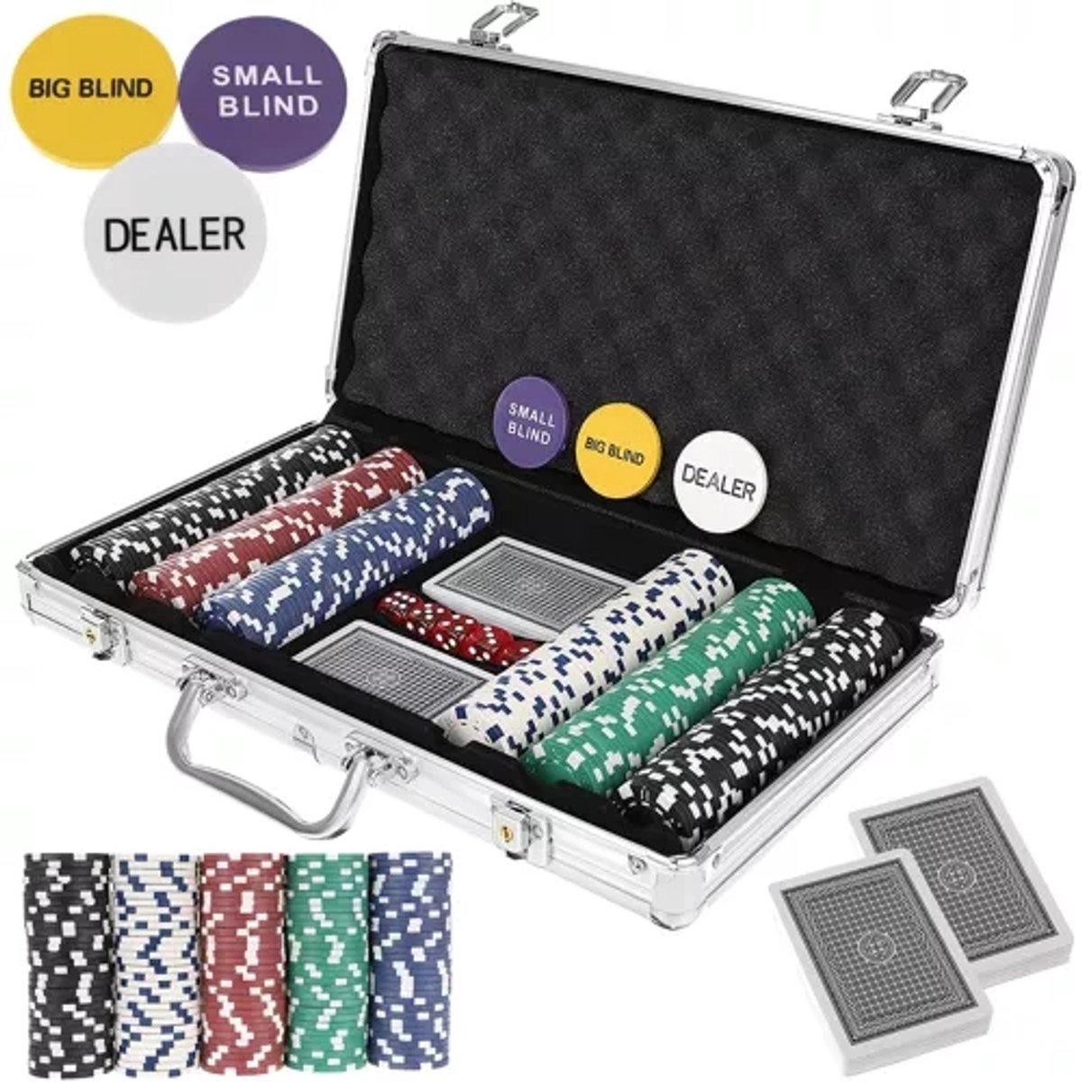 MOZY® - Professionele Pokerset - met 300 chips - in Aluminium Koffer - Inclusief 2 Kaartspellen en Dobbelstenen - Casino - Pokeren - Pokerkoffer - Pokerchips