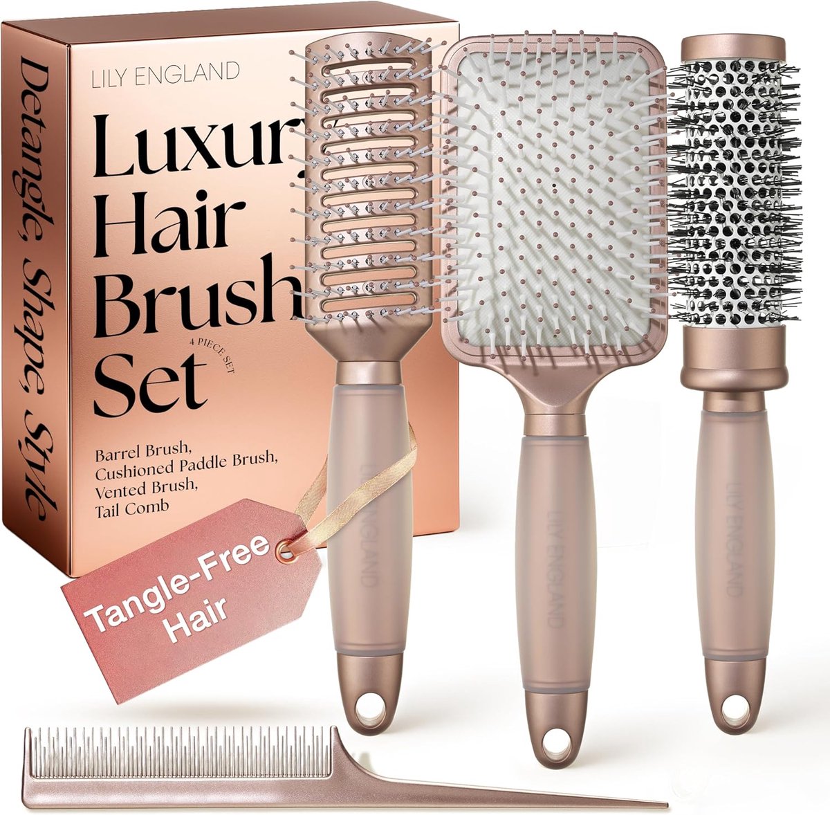 Thijox - Haarborstel Set - 4-delige Rose Gold Gespoten Haarborstel Set voor Vrouwen en Tienermeisjes - Peddelborstel, Ontluchtingsborstel, Ronde Borst